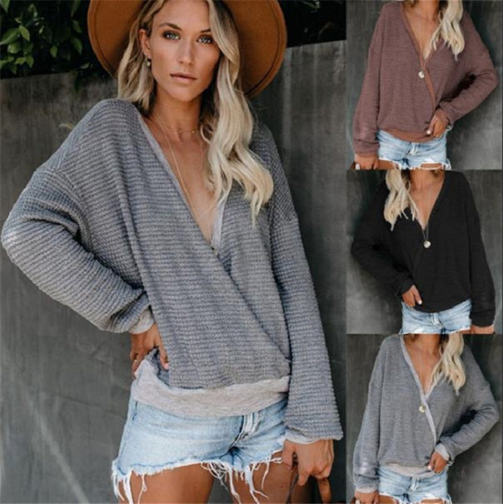 Women Loose Waffle Knit Sweater with Deep V-Neck and Layered Look Mune Fashion