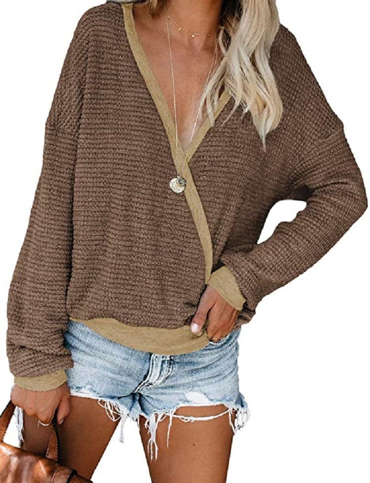 Women Loose Waffle Knit Sweater with Deep V-Neck and Layered Look Mune Fashion