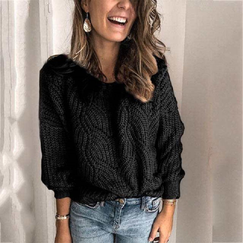 Women Oversize Lace-Chunky Knit Sweater with Boat Neck and Cable Pattern Mune Fashion