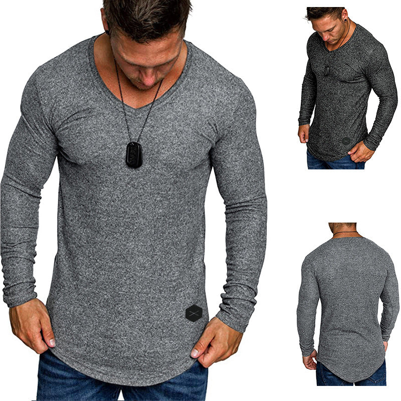 Men's Fitted Long Sleeve Shirt with Deep V-Neck, Elastic Cotton Blend and Rounded Hem Mune Fashion