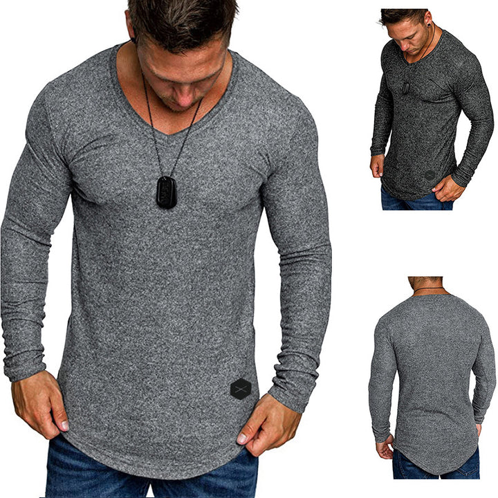 Men's Fitted Long Sleeve Shirt with Deep V-Neck, Elastic Cotton Blend and Rounded Hem Mune Fashion
