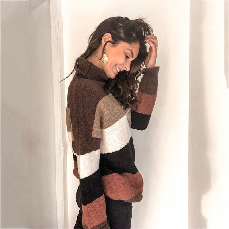 Women's Oversize-Block Stripe Turtleneck Sweater made of fluffy knit Mune Fashion