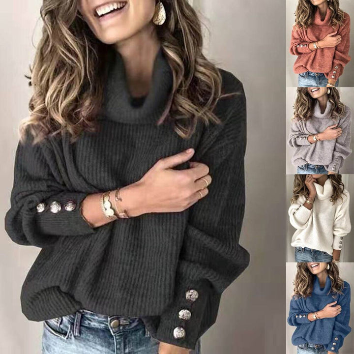 Women's Oversized Turtleneck Sweater with Ribbed Texture and Decorative Button Placket Mune Fashion