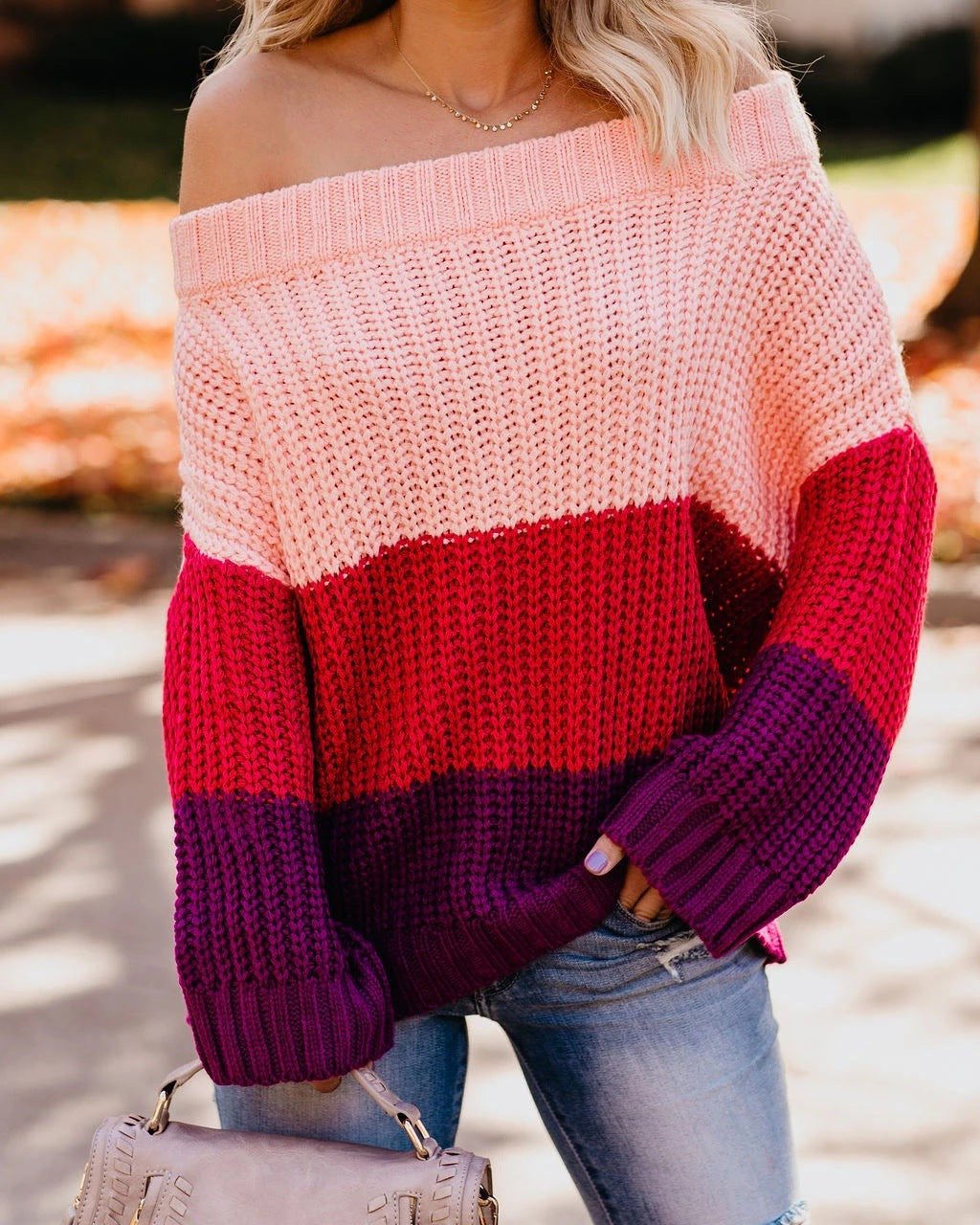 Women's Off-shoulder Oversize Block Stripe Knit Sweater Mune Fashion