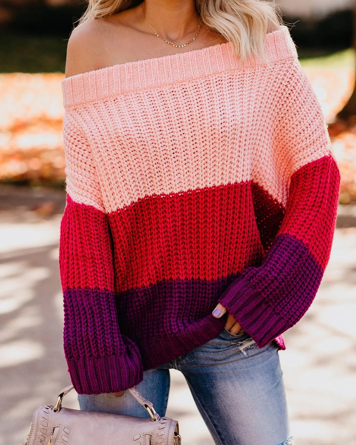 Women's Off-shoulder Oversize Block Stripe Knit Sweater Mune Fashion