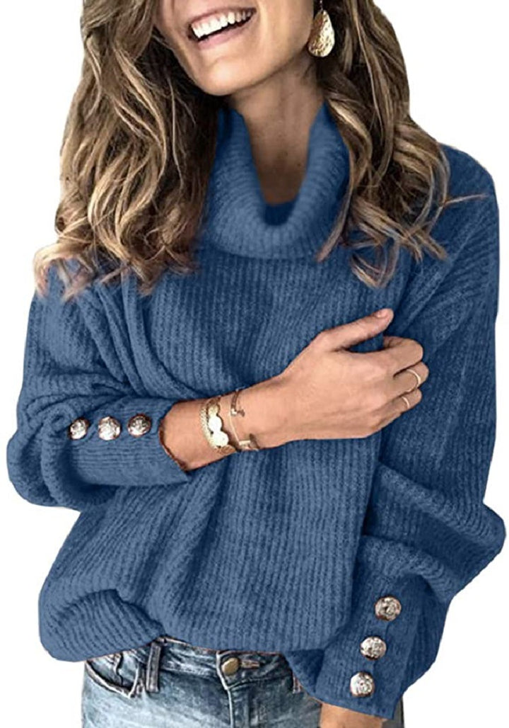 Women's Oversized Turtleneck Sweater with Ribbed Texture and Decorative Button Placket Mune Fashion