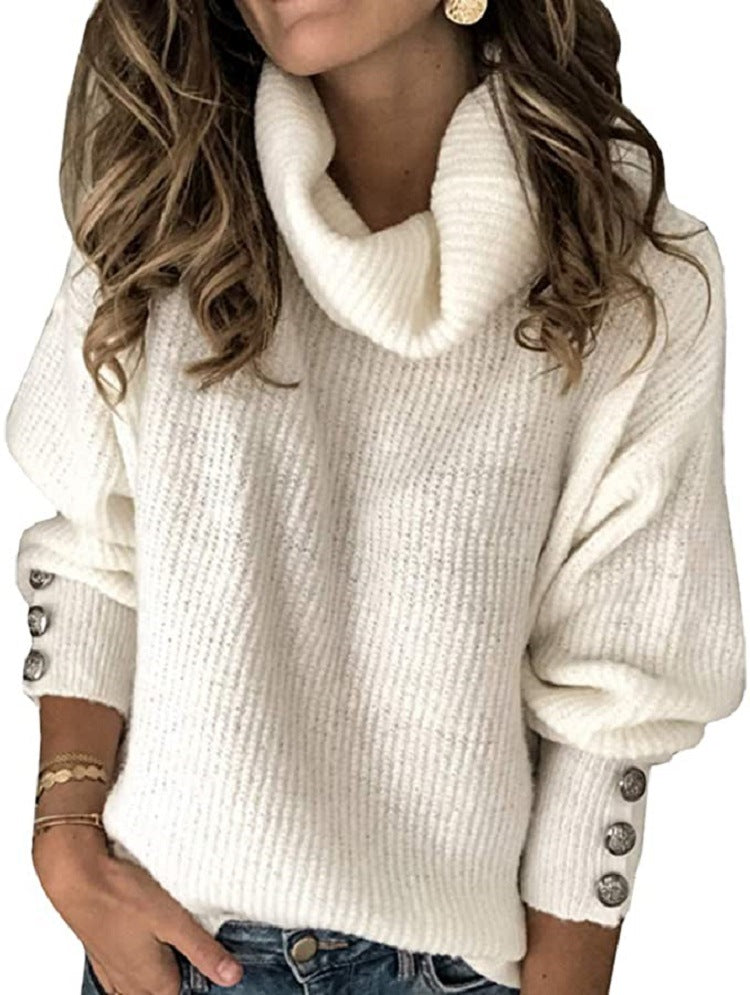 Women's Oversized Turtleneck Sweater with Ribbed Texture and Decorative Button Placket Mune Fashion