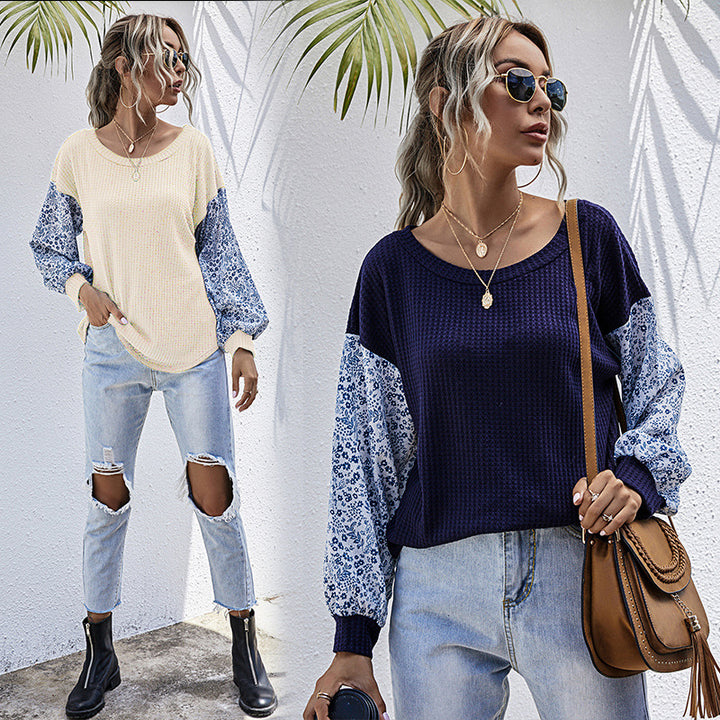 Women's Lightweight Waffle Knit Sweater with Floral Patterned Balloon Sleeves Mune Fashion