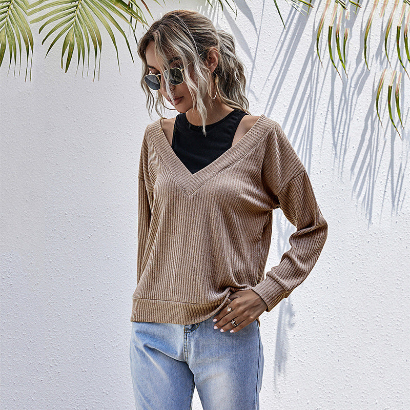Women's Ribbed V-Neck Sweater in Layered Look with Cut-Out Shoulder & Oversized Fit Mune Fashion