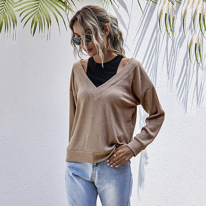 Women's Ribbed V-Neck Sweater in Layered Look with Cut-Out Shoulder & Oversized Fit Mune Fashion