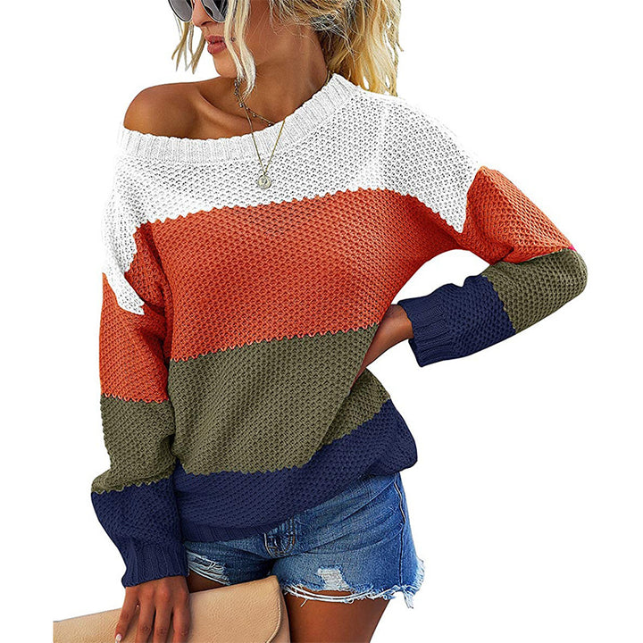 Women's Off-Shoulder Block Stripe Knit Sweater with Waffle Texture and Oversized Cut Mune Fashion