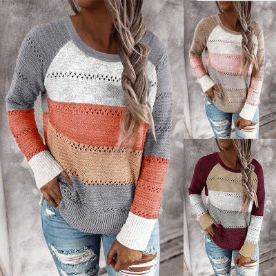 Women's casual knitted sweater with openwork pattern, color block inserts, and loose fit Drune