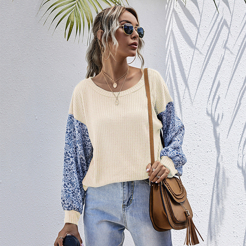 Women's Lightweight Waffle Knit Sweater with Floral Patterned Balloon Sleeves Mune Fashion