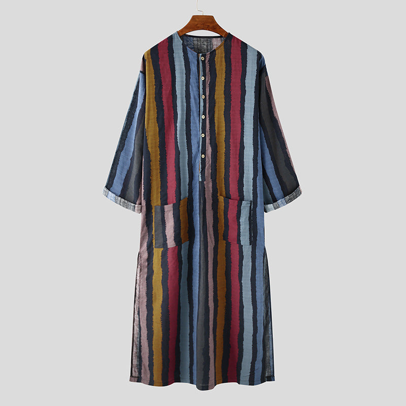 Men's ankle-length striped linen blend kaftan with stand-up collar and patch waist pockets Mune Fashion