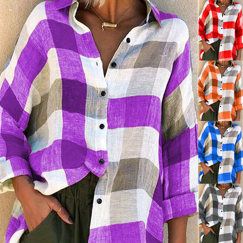 Women's oversized linen blouse with large check pattern and casual shirt collar Mune Fashion
