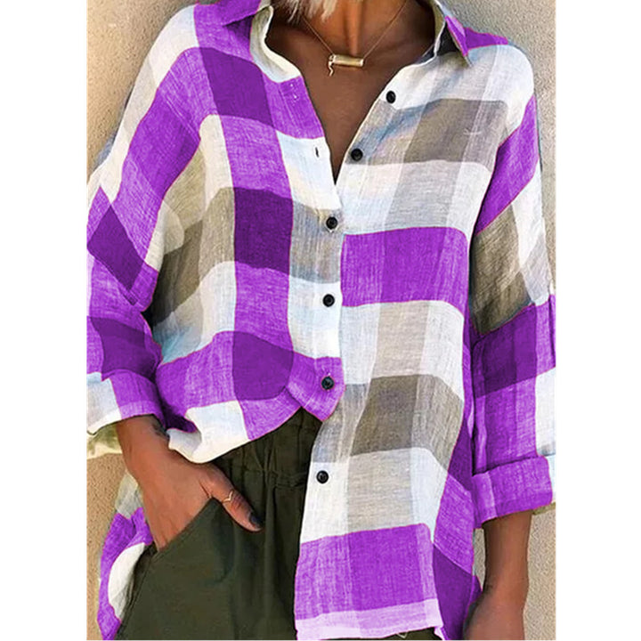 Women's oversized linen blouse with large check pattern and casual shirt collar Mune Fashion