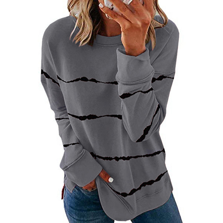 Women's casual oversized sweatshirt with wave-pattern stripes round neck side slits and rounded hem Mune Fashion