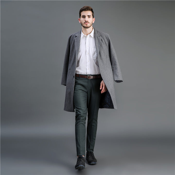 Men Timeless Long Wool Coat with Slim Lapel and Two-Button Closure Mune Fashion