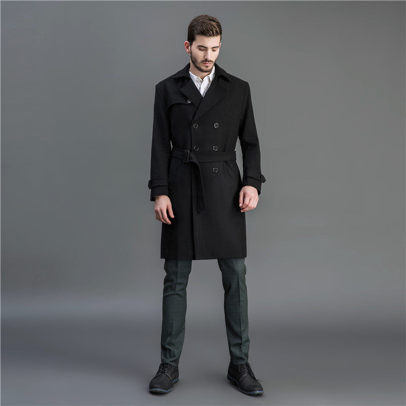 Men's Maxi Long Wool Coat in Trench Look with Double-Breasted Button Placket and Tie Belt Mune Fashion