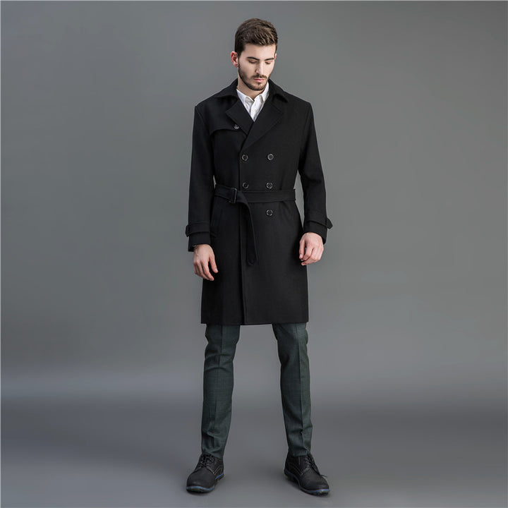 Men's Maxi Long Wool Coat in Trench Look with Double-Breasted Button Placket and Tie Belt Mune Fashion