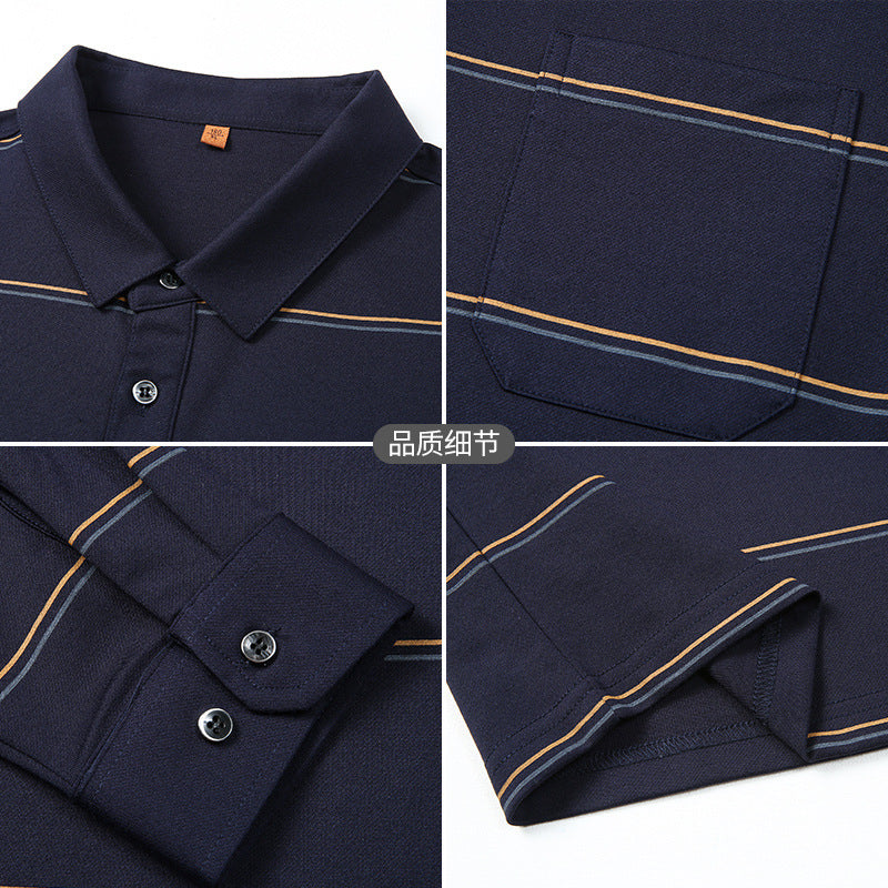Men's Long-Sleeved Polo Shirt with Chest Pocket and Fine Striped Pattern Mune Fashion