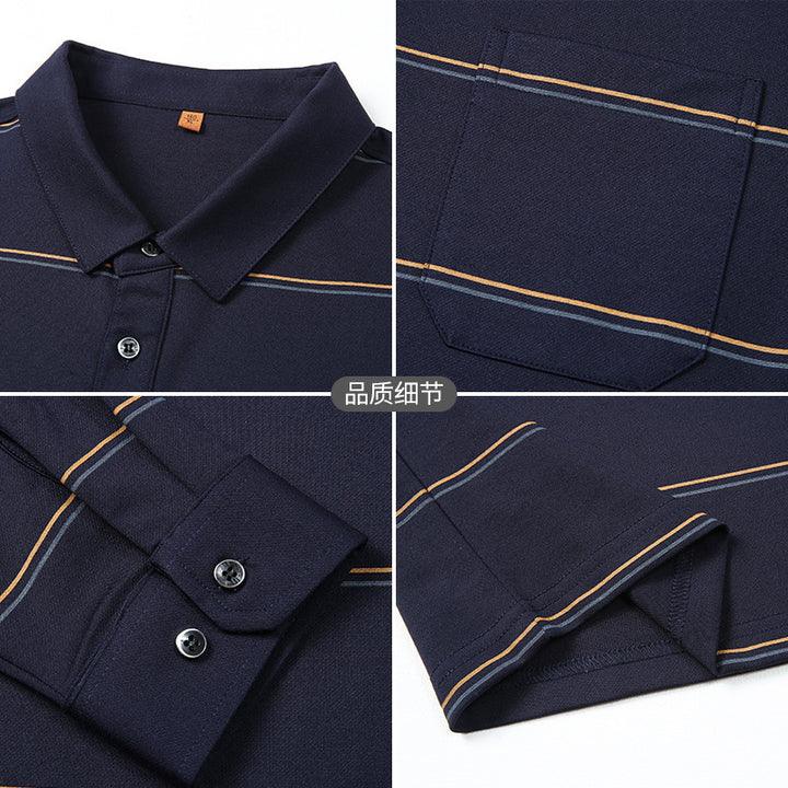 Men's Long-Sleeved Polo Shirt with Chest Pocket and Fine Striped Pattern Mune Fashion