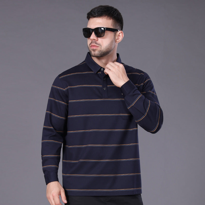 Men's Long-Sleeved Polo Shirt with Chest Pocket and Fine Striped Pattern Mune Fashion