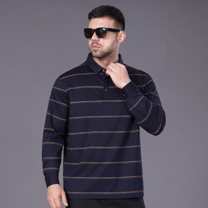Men's Long-Sleeved Polo Shirt with Chest Pocket and Fine Striped Pattern Mune Fashion