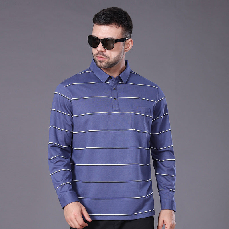 Men's Long-Sleeved Polo Shirt with Chest Pocket and Fine Striped Pattern Mune Fashion