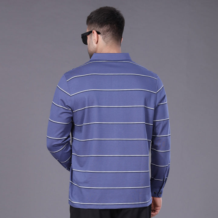 Men's Long-Sleeved Polo Shirt with Chest Pocket and Fine Striped Pattern Mune Fashion