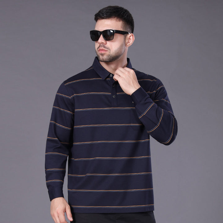 Men's Long-Sleeved Polo Shirt with Chest Pocket and Fine Striped Pattern Mune Fashion