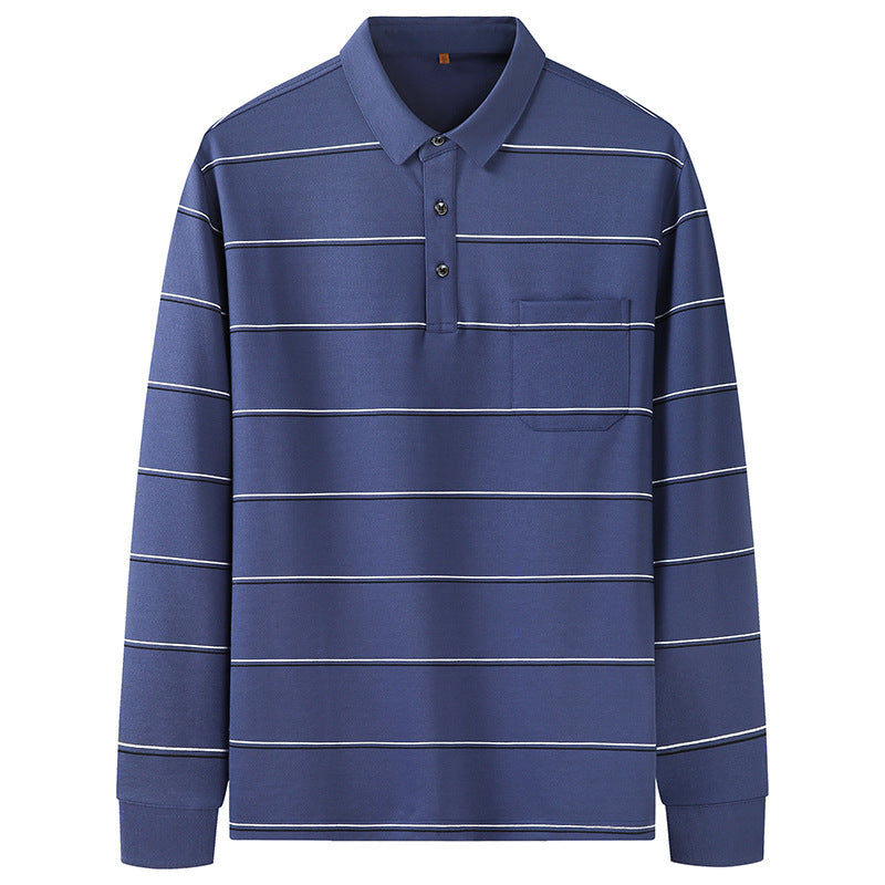 Men's Long-Sleeved Polo Shirt with Chest Pocket and Fine Striped Pattern Mune Fashion