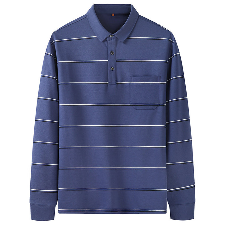 Men's Long-Sleeved Polo Shirt with Chest Pocket and Fine Striped Pattern Mune Fashion