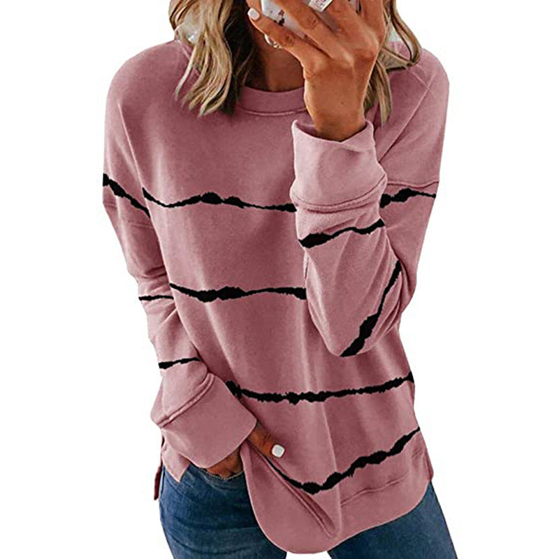 Women's casual oversized sweatshirt with wave-pattern stripes round neck side slits and rounded hem Mune Fashion