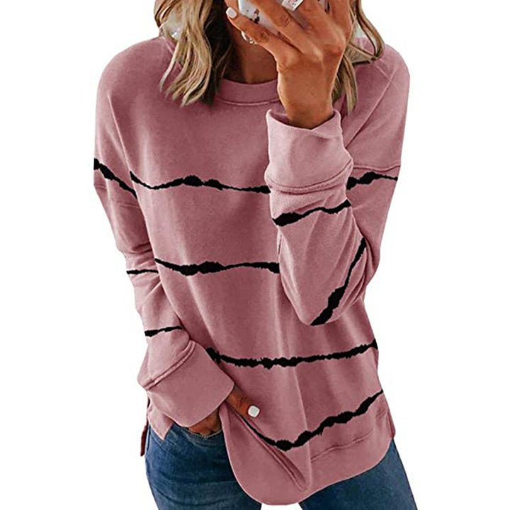 Women's casual oversized sweatshirt with wave-pattern stripes round neck side slits and rounded hem Mune Fashion