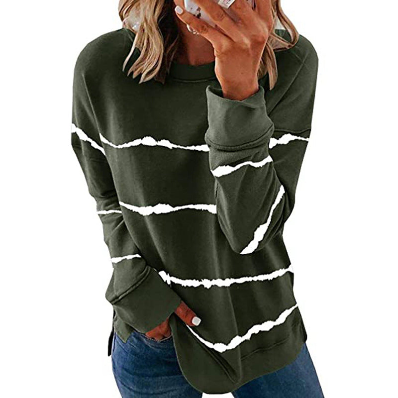 Women's casual oversized sweatshirt with wave-pattern stripes round neck side slits and rounded hem Mune Fashion