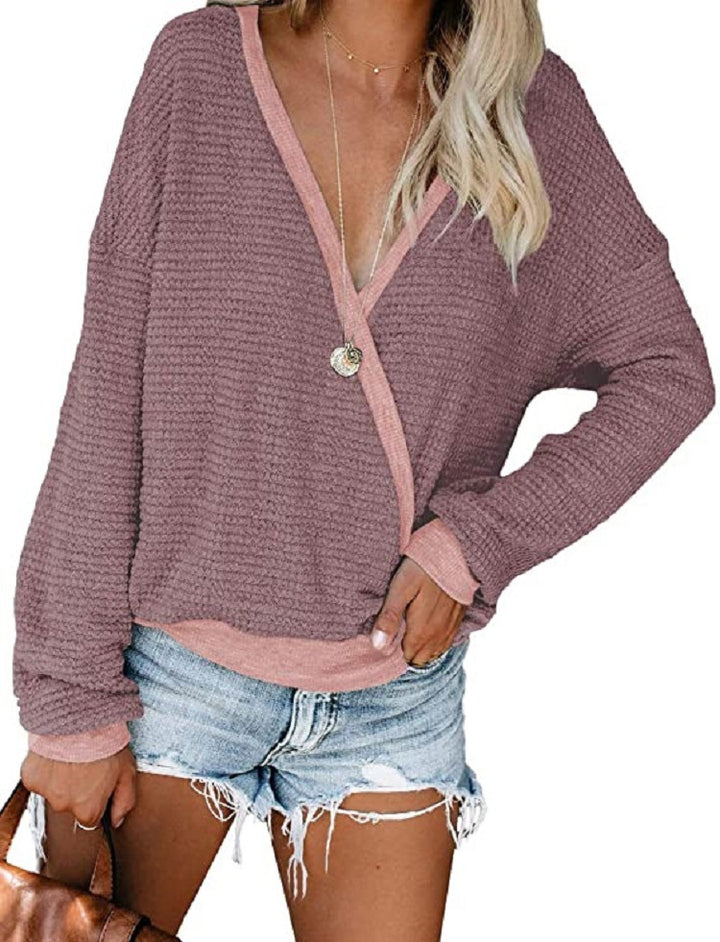 Women Loose Waffle Knit Sweater with Deep V-Neck and Layered Look Mune Fashion