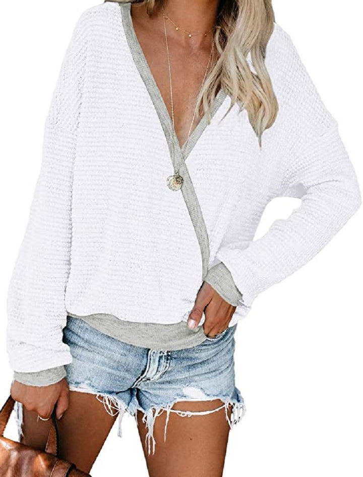 Women Loose Waffle Knit Sweater with Deep V-Neck and Layered Look Mune Fashion