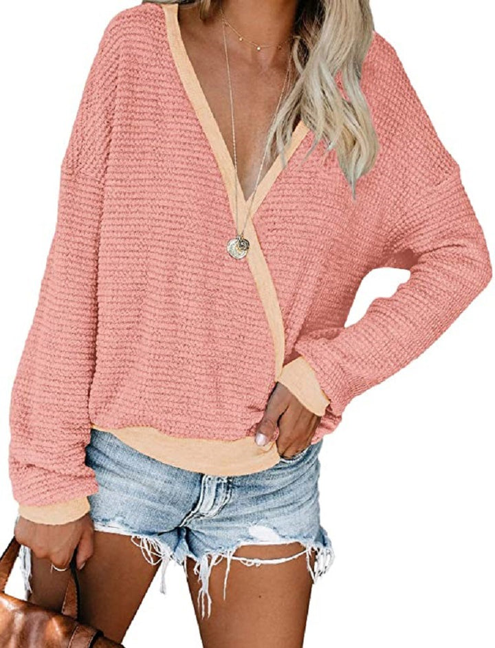 Women Loose Waffle Knit Sweater with Deep V-Neck and Layered Look Mune Fashion