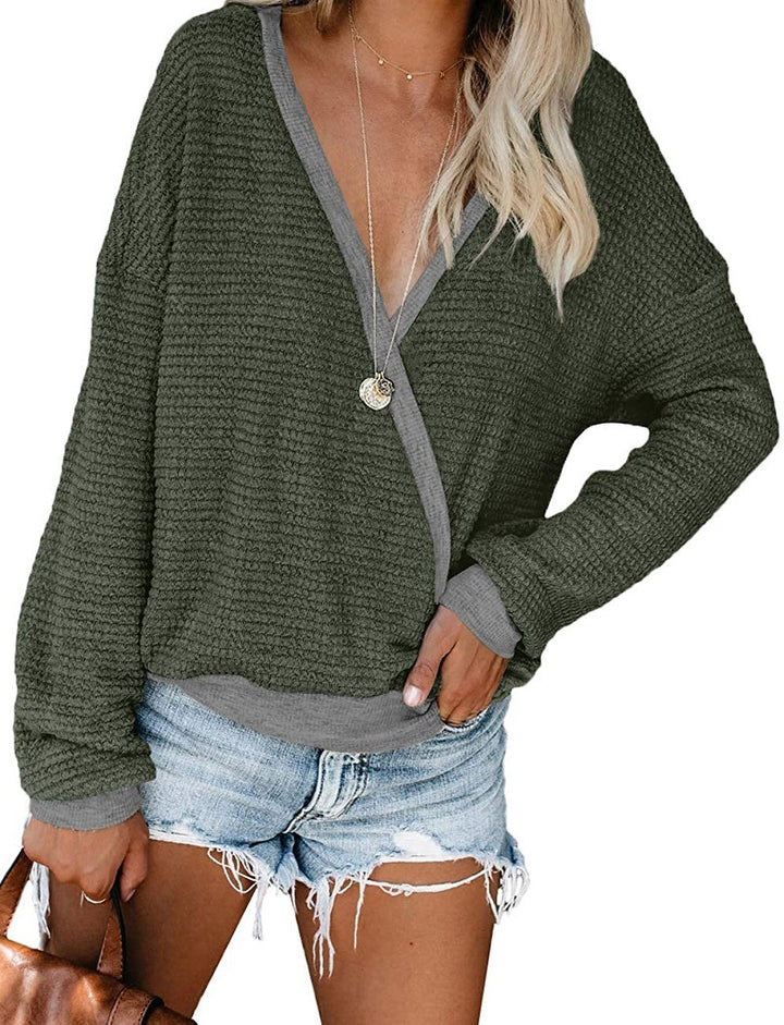 Women Loose Waffle Knit Sweater with Deep V-Neck and Layered Look Mune Fashion