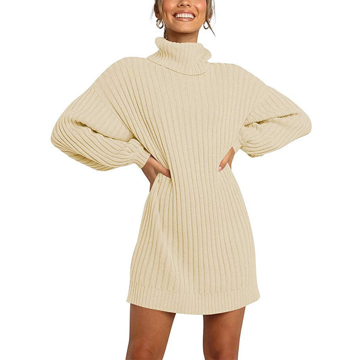 Women Ribbed Turtleneck Mini Dress with Oversized Silhouette and Balloon Sleeves Mune Fashion