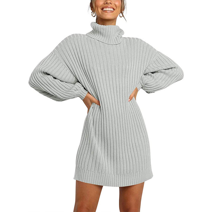 Women Ribbed Turtleneck Mini Dress with Oversized Silhouette and Balloon Sleeves Mune Fashion