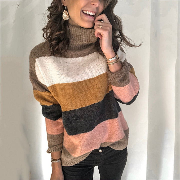 Women's Oversize-Block Stripe Turtleneck Sweater made of fluffy knit Mune Fashion