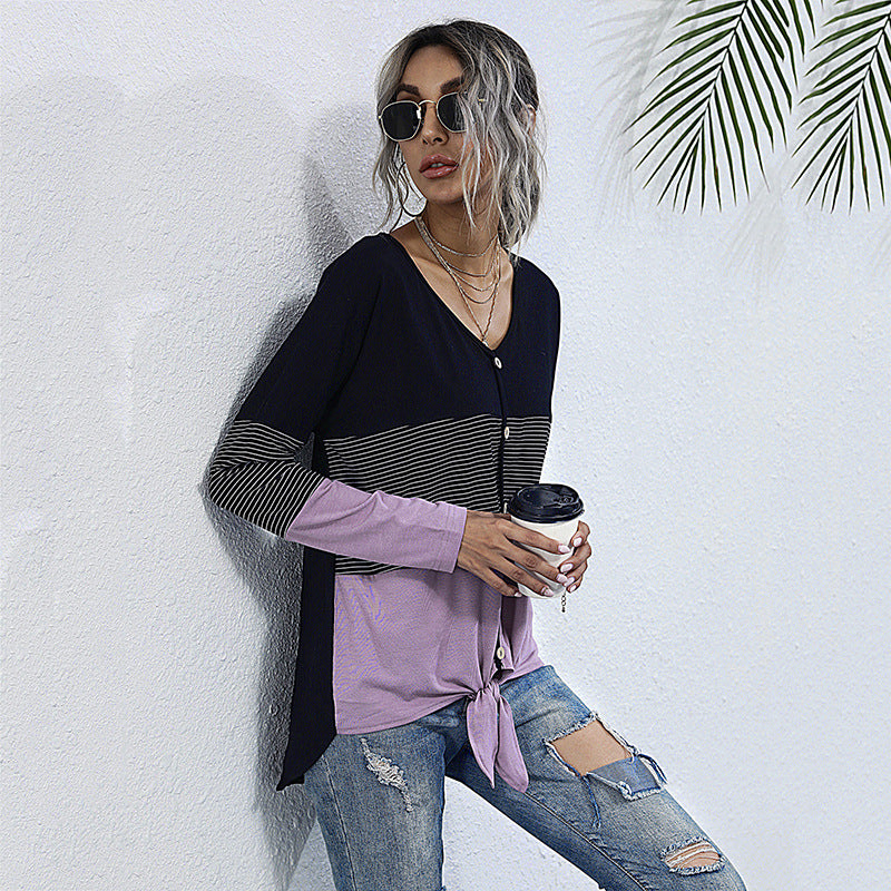 Women's Lightweight Colorblock Long Sleeve with Button Placket & Knot Front Mune Fashion