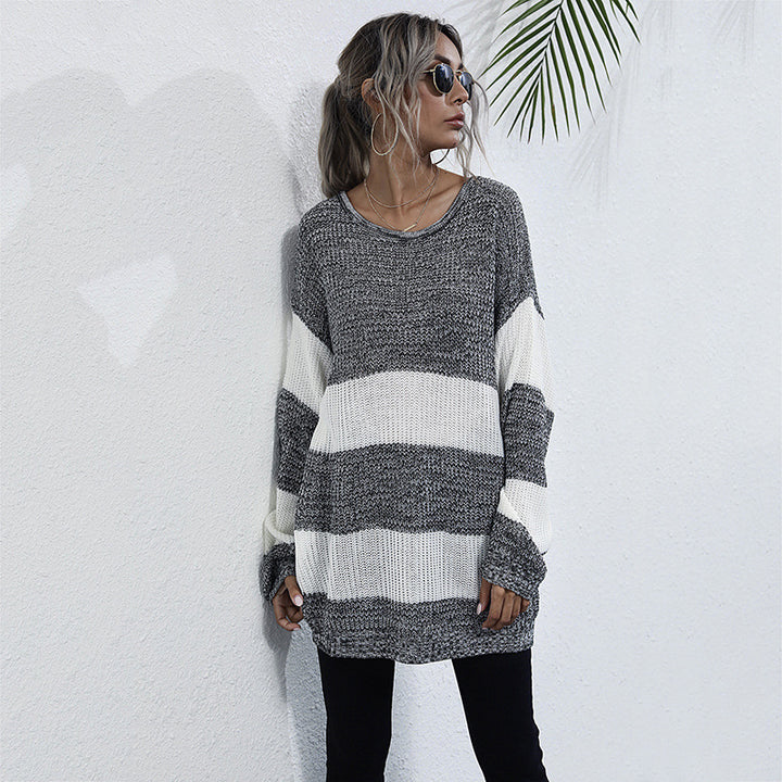 Women's Long Oversized Knit Sweater with Wide Block Stripes and Dropped Shoulder Mune Fashion