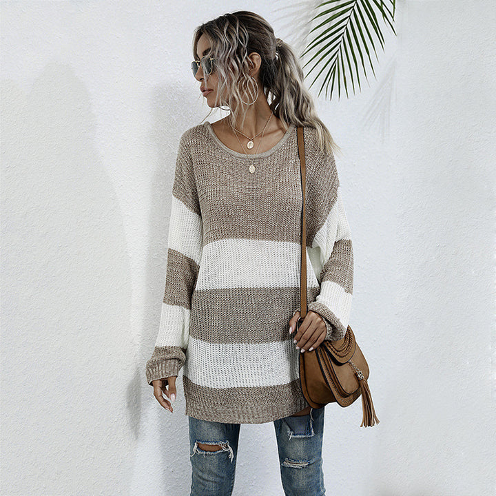 Women's Long Oversized Knit Sweater with Wide Block Stripes and Dropped Shoulder Mune Fashion