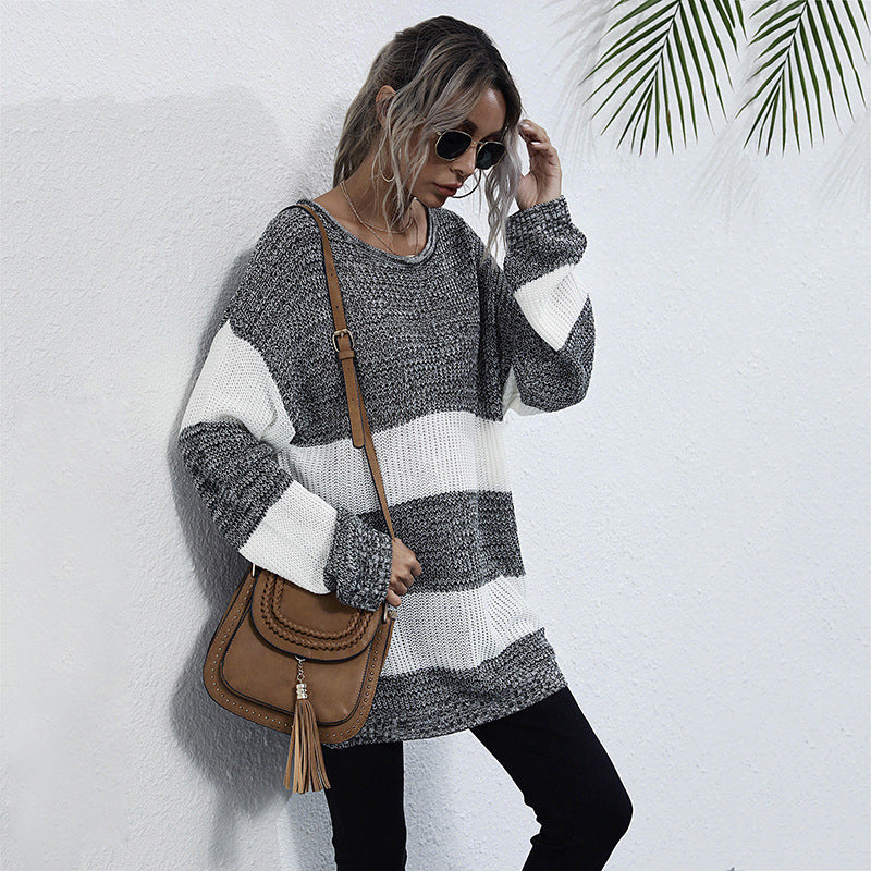 Ladies Oversize Long Sweater with Block Stripes and Round Neckline Mune Fashion