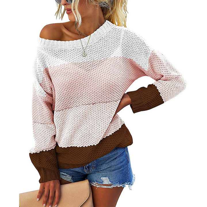 Women's Off-Shoulder Block Stripe Knit Sweater with Waffle Texture and Oversized Cut Mune Fashion