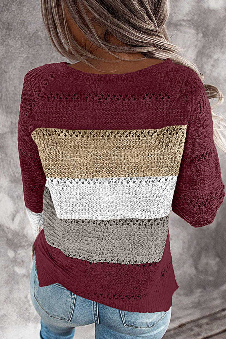 Women's casual knitted sweater with openwork pattern, color block inserts, and loose fit Drune