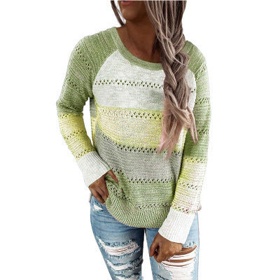 Women's casual knitted sweater with openwork pattern, color block inserts, and loose fit Drune